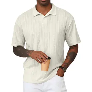 Dokotoo Men Casual Polo Shirt Short Sleeve Textured Beach Button Knit Stretchy Classic Shirts