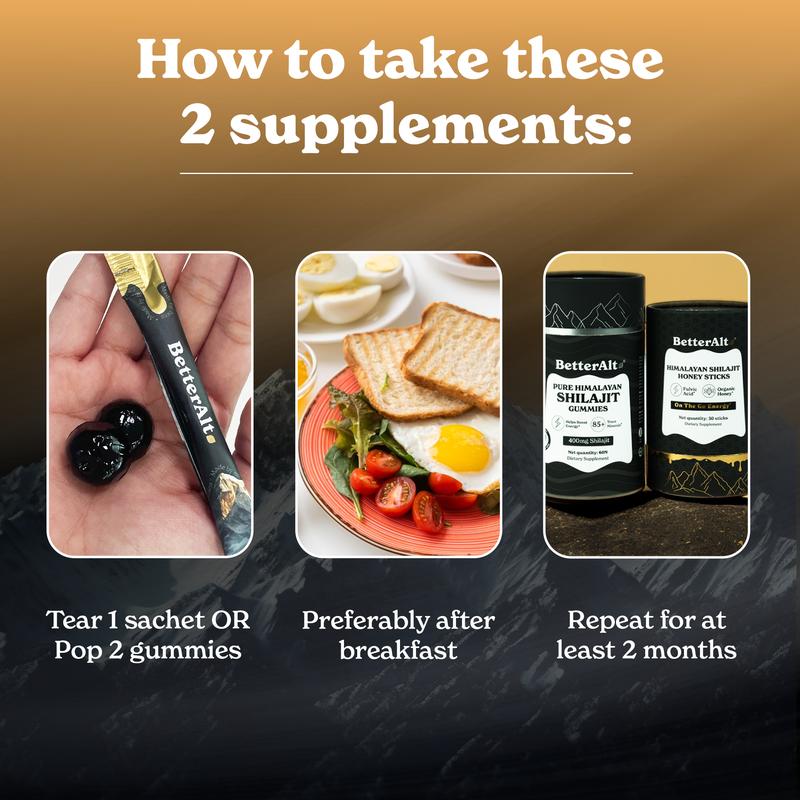 BetterAlt Ultimate Power Up Duo | Shilajit GOLD+ Honey Sticks + Shilajit Gummies | 3rd-party Lab Tested | Metabolism & Energy | Himalayan Supplement