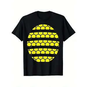 Black T-shirt with yellow honeycomb pattern | Casual wear, crew neck, regular fit, suitable for all seasons.