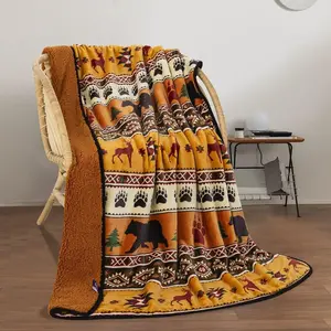 Designs Lodge Series Super Soft Dual-Layered Comfortable Western-Inspired Graphic Throw Blanket, 50"x60" Sherpa-Lined Ultra-Luxurious Flannel, for Couch Bed Travel, Machine Washable Durable Gift Idea, Comfortable Throws, Dual-Layered Throws
