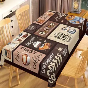 A coffee colored square tablecloth with white patterns, suitable for home, kitchen, restaurant, party, festival, gift, wedding, indoor and outdoor decoration.