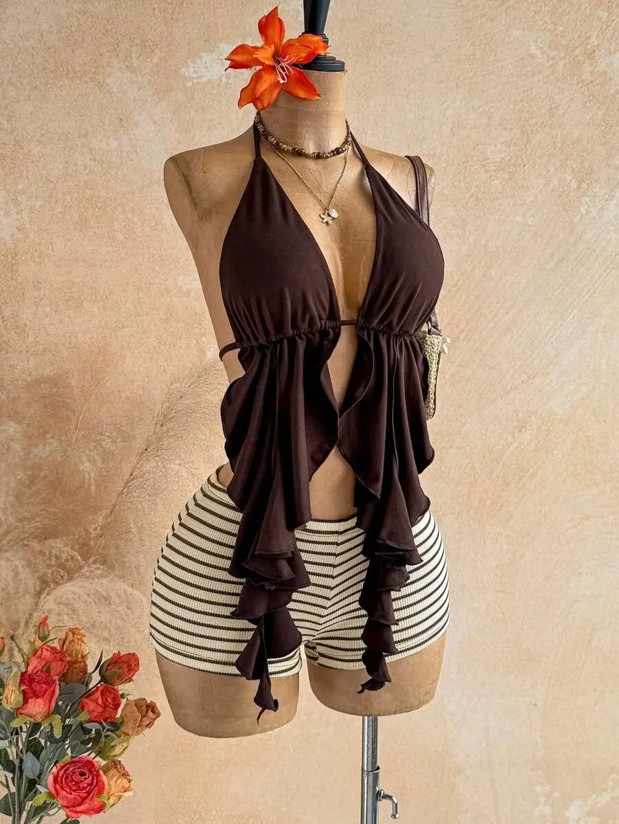 Women's Boho Crochet Knit High Waist Beach Shorts Asymmetrical Hem Woven Vacation Cover Up Summer Shorts