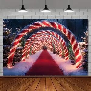 1pc Polyester Christmas Neon Candy Arch & Snowy Wall Magic Background Fabric Banner - Easy Setup, Decoration for Photo Booths, Birthday & Festive Home Decor