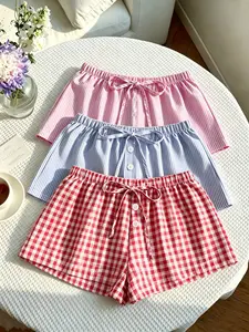 3PCS Women's Striped & Plaid Pajama Shorts, Elastic Waist Drawstring Sleep Shorts, Casual Loungewear