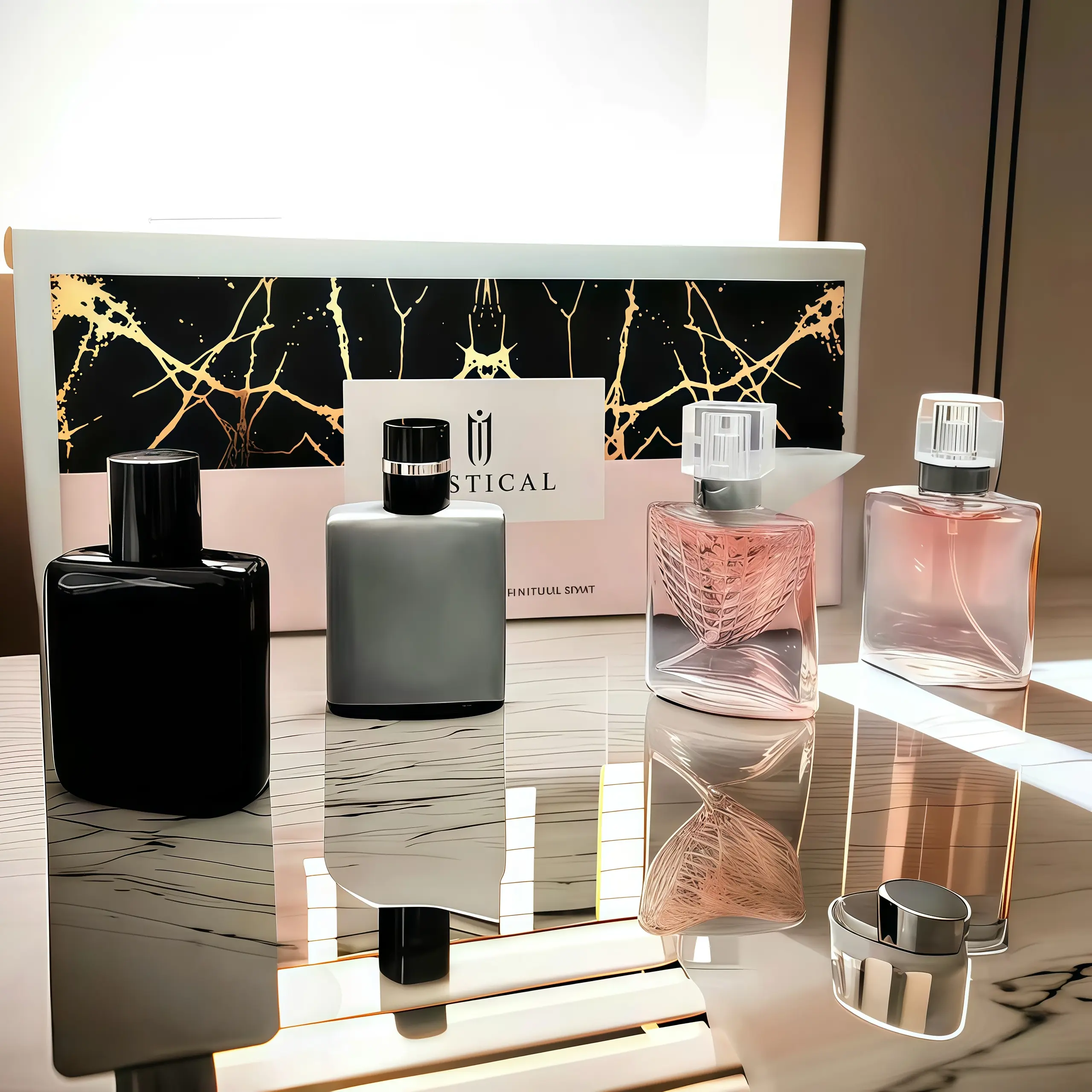 Black Gold Marble Couples Eau De Parfum (EDP) Set - 30ml*4 (4.0 fl oz) Mini Perfumes, 2 Men's Woody Fragrances & 2 Women's Floral-Fruity Fragrances, Long-Lasting, High-End Light Luxury Bottles, Gift-Suitable mystical woman