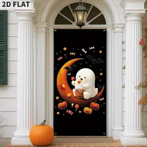 1 Count Halloween Ghost Door Cover Banner Decorations, 90x185cm Cute Spooky Characters and Candy Design Front Door Decor,Holiday Supplies