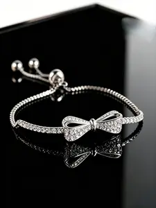 Elegant Cubic Zirconia Bowknot Adjustable Chain Bracelet, Women's Cute Bowknot Festival Party Jewelry Accessory, Stylish and Delicate Design