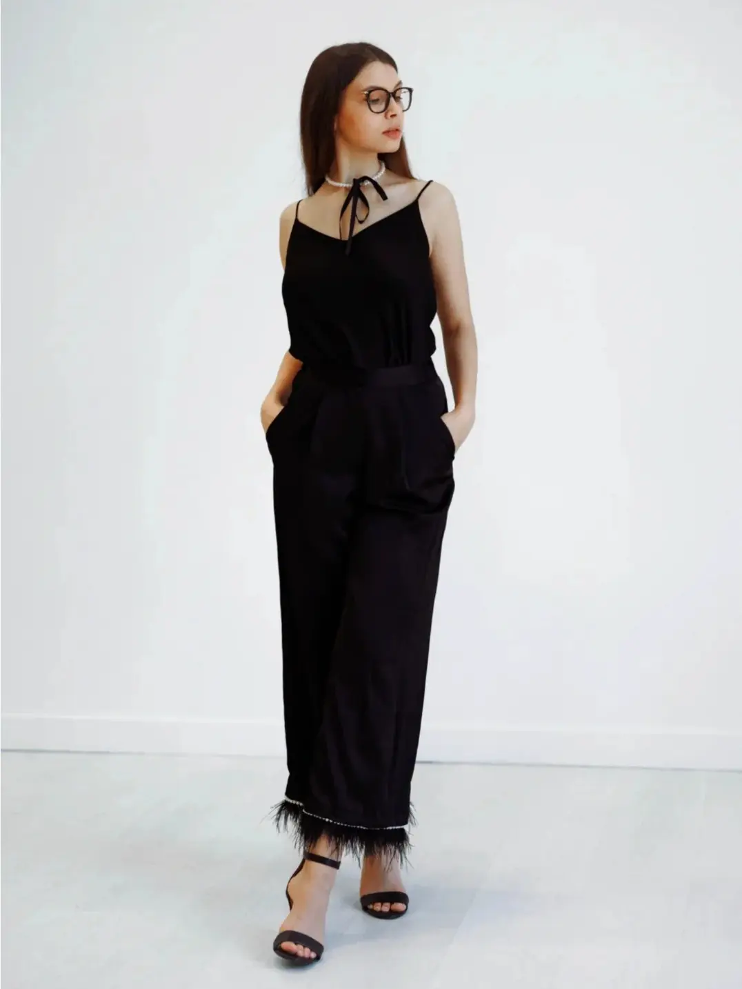 Handcrafted Satin Pants with Detachable Feathers and White Pearls - Customizable Look - Bottoms
