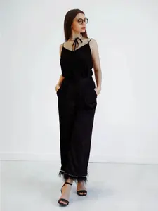 Handcrafted Satin Pants with Detachable Feathers and White Pearls - Customizable Look - Bottoms