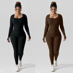Women's High-Stretch Square Neck Yoga Jumpsuit Long Sleeve Quick-Dry Seamless Activewear with Butt Lift Feature Ribbed Detailing Perfect for Spring Summer Fitness & Stretchy Workouts