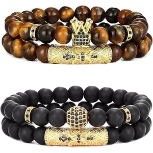 Crown King 4-Piece 8mm Elastic Rope Bracelet Set for Men - Natural Tiger Eye & Black Matte Onyx Stone Beads, Durable Charm Jewelry for Spiritual Balances Restoration