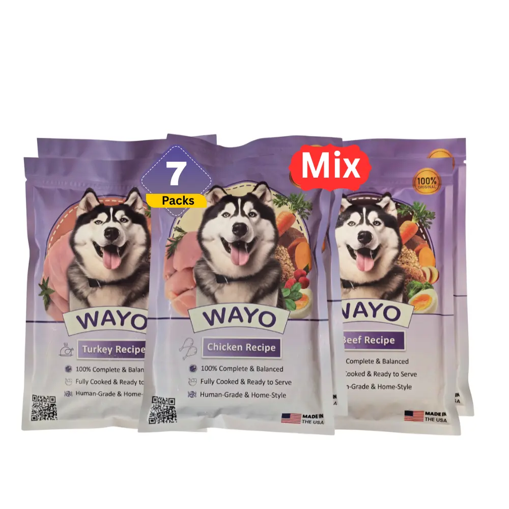 WaYo 7 pack BEEF, Chicken, Turkey Meals for Dogs - 12 Oz Grass-Fed Premium Meat - Ready-to-Serve - No Fillers or Art. Additives - All Life Stages - High-Protein - Human-Grade - Made in USA