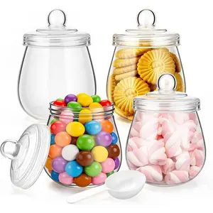 mwellewm 4 Pcs Candy Jars with Lids&Spoons 16 OZ Clear Candy Dispenser Plastic Cookie Jars Snack Container Airtight Storage Organization Buffet Canister for Wedding Home Kitchen Bar Office Decoration