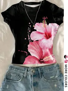 Women's Summer Tropical Floral Hawaii Print Short Sleeve Round Neck Slim Fit T-Shirt, Elegant Top, Casual Daily Wear, Party, Holiday Fashion