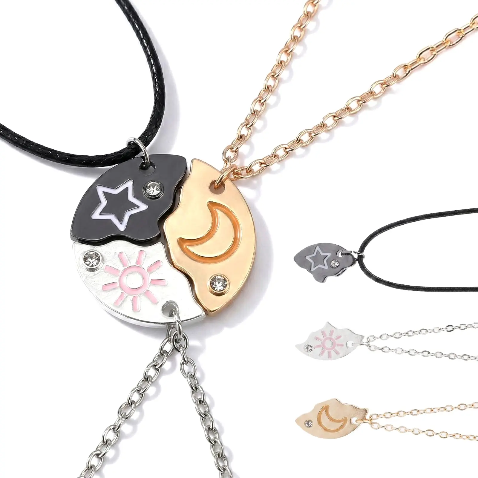 3-Piece Necklaces Set, Celestial Sun Moon Star Puzzle Matching Friendship Jewelry Stack for Best Friends or Sisters, Anniversary Christmas Gift, Puzzle Pieces, Celestial Body Necklaces, Bff Necklaces