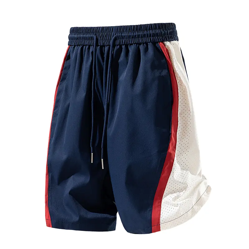 Men's Colorblock Active Basketball Shorts - Red Stripe, Breathable White Mesh Lining, Elastic Drawstring Waist, Quick-Dry Fabric, Sport Bottoms for Gym Training, Summer Outdoor Use