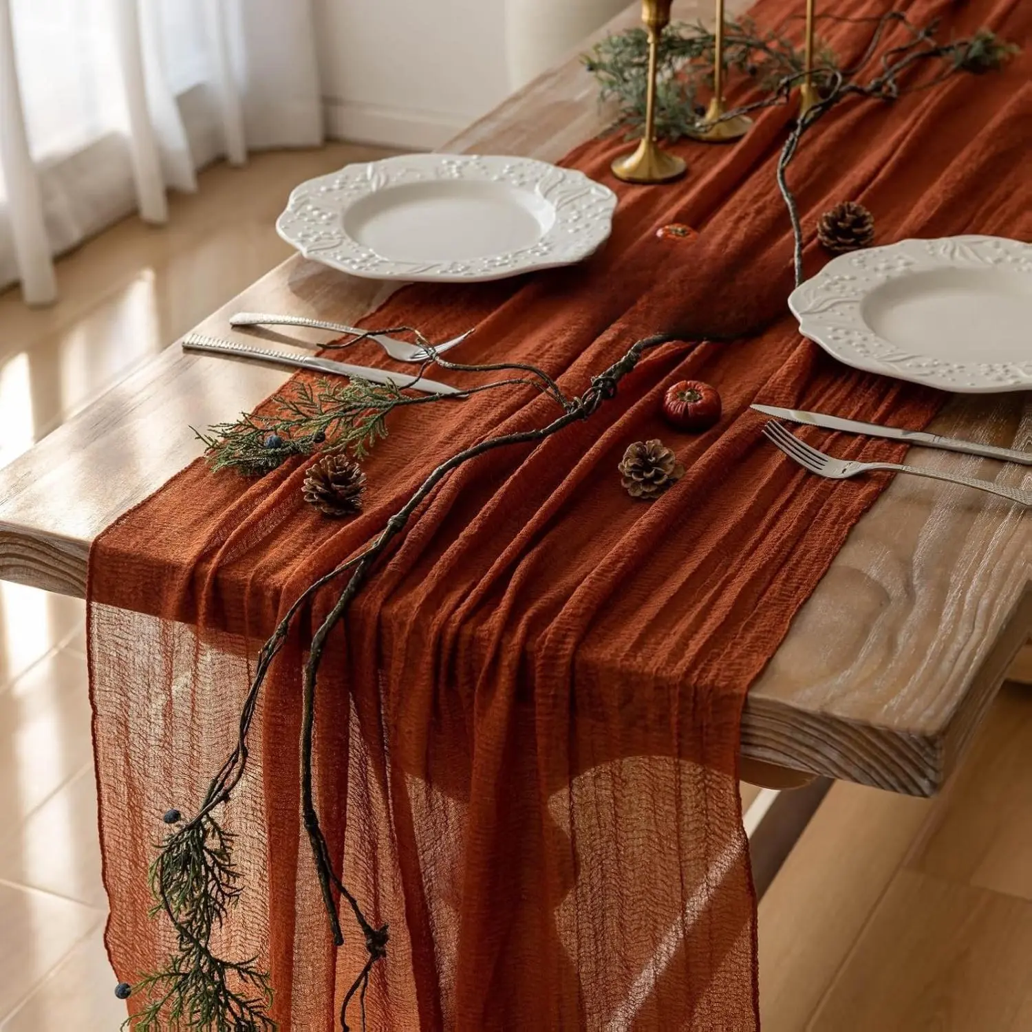 New Deal - Fall Thanksgiving Table Runner Terracotta Rust Gauze 120 Inch 10 FT Rustic Burnt Orange Sheer Cheese Cloth for Bridal Shower Friendsgiving Party Centerpiece Decor Fall Decorations for Home