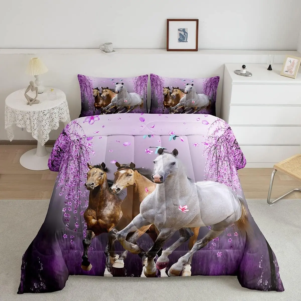 Feelyou Lavender Purple Luxury Bed Comforter Set - Cherry Blossom Branches Print, 3D Galloping Steed Horse Print Duvet, Women's Decorative Bedroom Bedding Bedspread Set