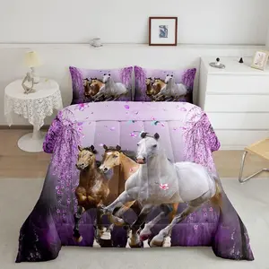 Horse Comforter Set,Cherry Blossom Branches Steed Women Lavender Purple Luxury Bedding Set,Galloping Horse Comforter,3D Wild Animal Decor Quilt Set