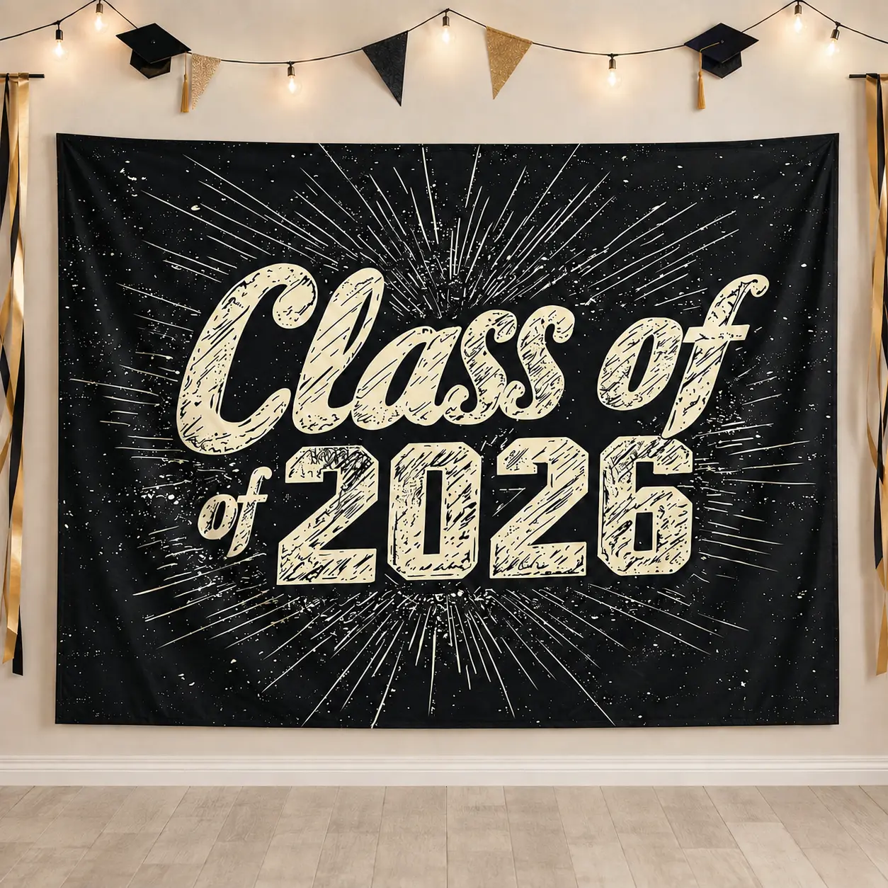 2026 Graduation Retro Black Gold 2D Flat Banner, 1PC Reusable Polyester Class of 2026 Backdrop for Graduation Party, Ceremony & Photo Booth Decor