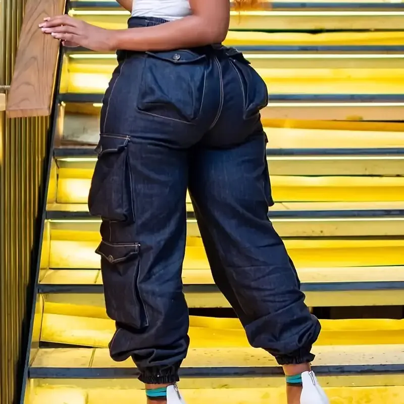 Women'S High-Waist Stretch Denim Cargo Pants with Flap Pockets, Y2K Streetwear Loose Fit Long Jeans, Black, Elegant Design for Spring/Summer, Versatile Clothing | Y2K Streetwear Pants | Comfortable Fit Womenswear Bottom