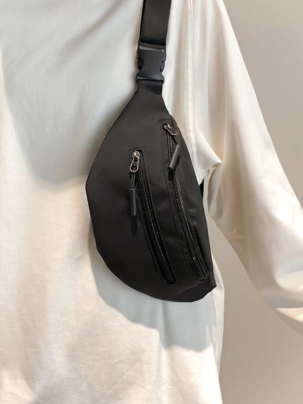 Men's Minimalist Black Nylon Crossbody Chest Bag, Zippered Front Pocket with Adjustable Waist Strap, Lightweight Fanny Pack for Travel, Sport, and Commute