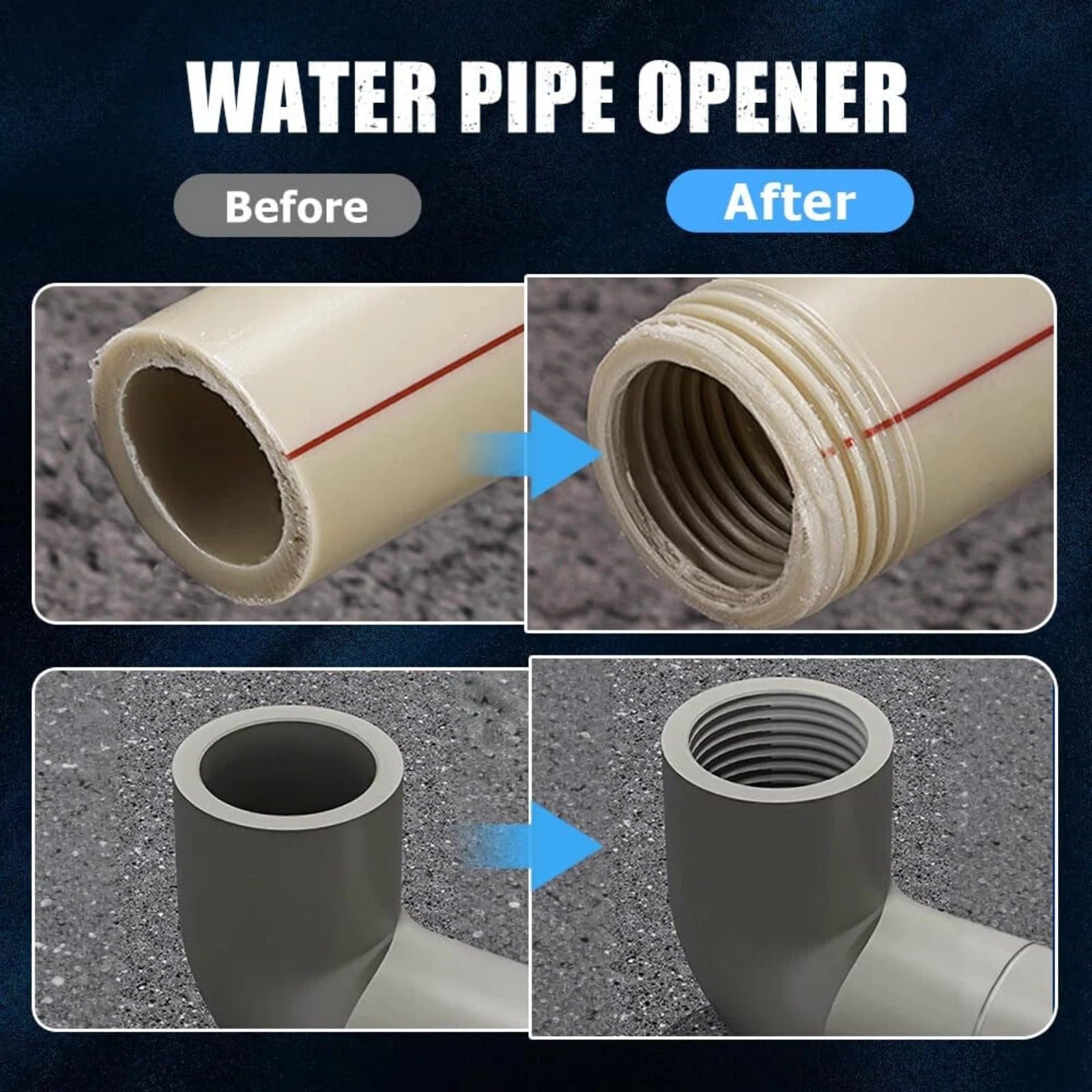 2-piece 1/2" and 3/4" PVC threaded cutting tools for internal and external pipe threading; dual-function electric drill kit suitable for PVC plastic pipe threading; precision alloy steel NPT pipe threading sleeve set; dual-function pipe threads