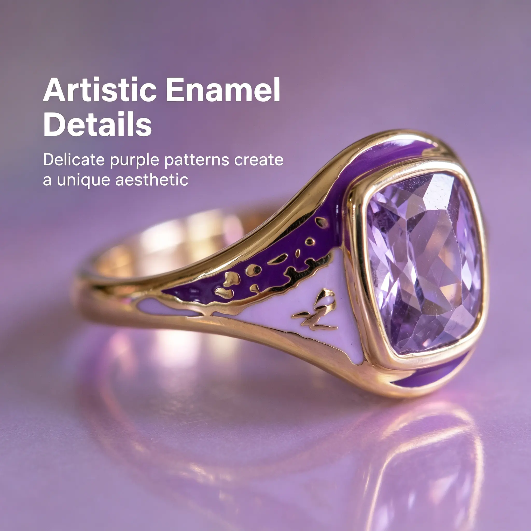 This Bohemian-style purple synthetic zirconia enamel ring features a secure bezel setting, with contrasting shades of purple enamel on both sides, creating a dreamy and artistic color palette.