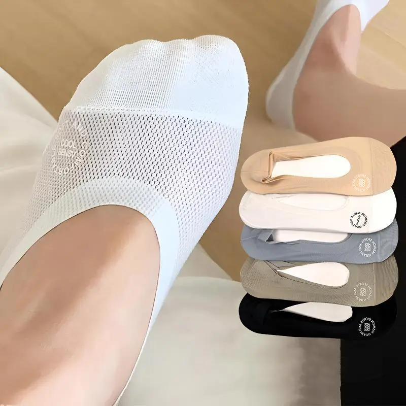 5 Pairs Women’s No Show Socks – Mixed Color Invisible Liner Socks, Breathable Mesh Knit Socks with Silicone Grip
