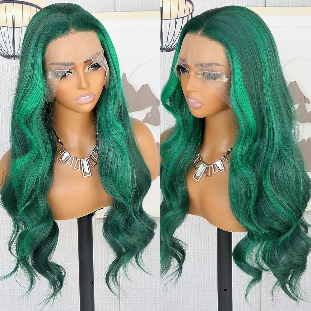 QD-Tizer Doule Green Color Body Wave Long Hair Wigs 13x4 HD  display picture 1