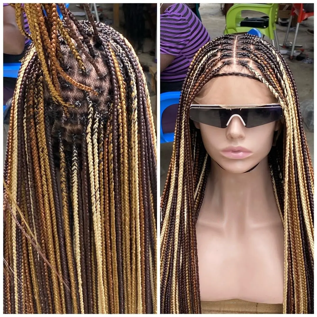 Multi-Color Knotless Braid Wig, Human Hair Full Lace, Waist Length (Channel)