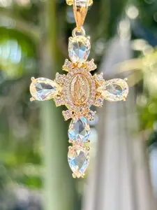 The Guadalupe Virgin Cross Pendant Necklace Waterdrop Crystal Religious Jewelry Gold Cross with Detailed Virgin Statue Glittering Waterdrop Crystals Purple Transparent Pink