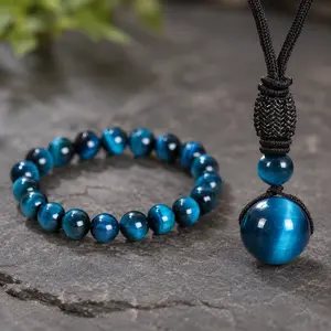 Unisex Fashion 2-Piece Ocean Blue Tiger Eye Jewelry Set - Adjustable Pendant Necklace, Beaded Stretch Bracelet