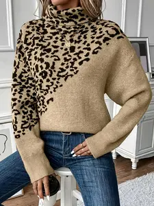 New Casual Leopard Print Patchwork Sweater, Flip Collar Long Sleeve Fall Winter Loose Fit Plus Size Fashion Women's Sweater