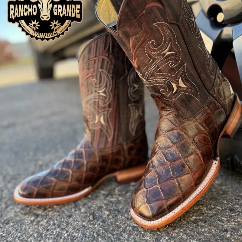 Men's Pescado Fish Botas Vaquera Rodeo Square Toe boots Made in Mexico Premium soft Leather