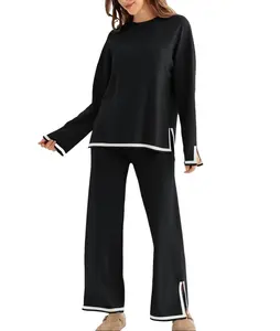 Women's 2 Piece Fall Knit Sweater Set Long Sleeve Tops Wide Leg Pants Sweatsuit Tracksuit Outfit Winter Clothing