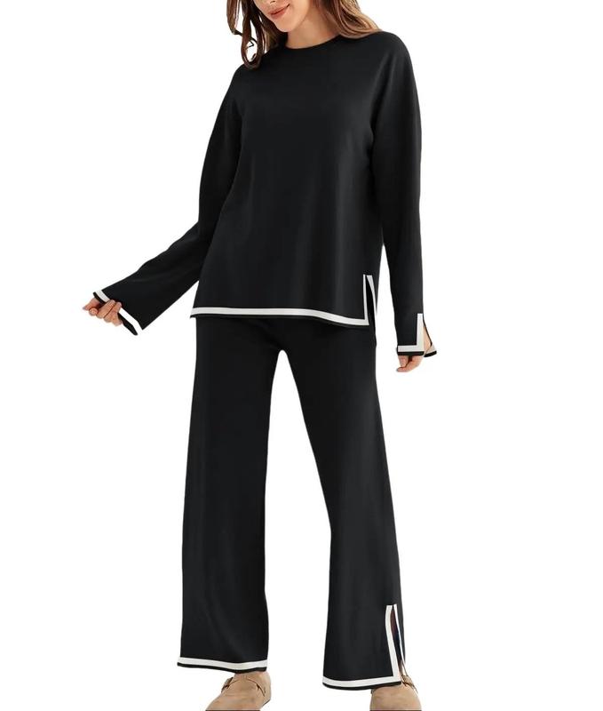 Women's 2 Piece Fall Knit Sweater Set Long Sleeve Tops Wide Leg Pants Sweatsuit Tracksuit Outfit Winter Clothing