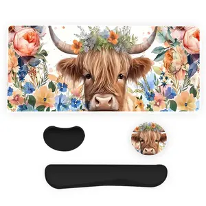 Highland Cow Pattern Mouse Pad & Wrist Rest & Cup Coaster Set, Ergonomic Wrist Support, Waterproof Mouse Mat, Suitable for Home Office Game Room, Gaming Room Accessories