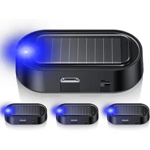4PC Solar Power Simulated Dummy Car Alarm Vehicle Security Anti-Theft LED Flashing Fake Lamp with Light Sensor for SUV RV Truck (Blue)