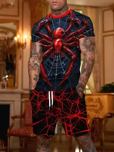 Men's Spider Print Set, Comfortable Round Neck Short Sleeve Tee + Drawstring Shorts, Breathable, Street Style, Summer Fashion