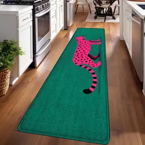 1PC， Pink Leopard on Green Background Patterned strip rugs, home décor, bathroom mats, entryway mats, bathroom non-slip mats, indoor entrance rugs, bedroom bedside mats, kitchen mats, hallway rugs, flannel sponge rugs, hallway runner rugs