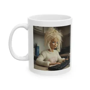 Funny Stressed Office Doll Coffee Mug, Messy Hair Work From Home Meme Mug, Burnt Out Employee Humor Cup, Chaotic Workday Reaction Mug, Relatable Desk Job Gift