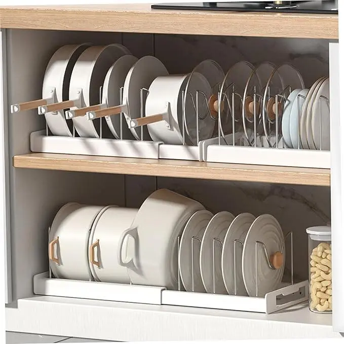 Expandable Pot and Pan Organizer Rack for Cabinet,Adjustable Kitchen Storage with 7 Stainless Steel Dividers,Rust Resistant Cookware & Bakeware Organizer for SmallKitchen, Apartment, RV,Gifts for Mom