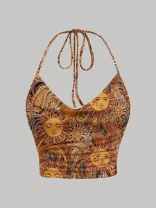 SlaySleep x MOD Casual Minimalist Tie Neck Loose Fit Top, Gold Sun Paisley Pattern, Bohemian, Boho Chic, Versatile, Retro, Fall Wear Suitable For Going Out Halter Top Women Summer Tops Hippie Top Bandana Top Paisley Print Top