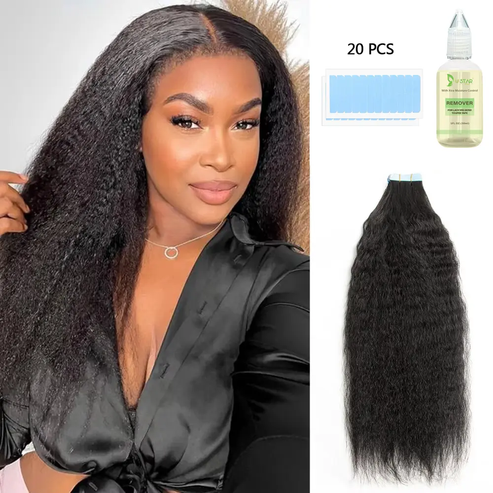 Tape In Hair Extensions Human Hair 50g Kinky Straight Black Color With Replacement Tapes 20 Pcs, Remover