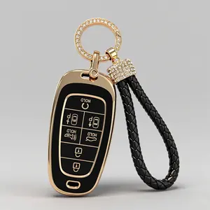 for Hyundai Key Fob Cover 7 Button with Leather Keychain Soft TPU 360 Degree Protection Car Key Case Shell Holder Fits for 2023 2022 2021 2020 Hyundai Sonata Santa fe Tucson, Black White