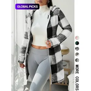 Women's plaid wool hooded fit jacket, made of soft and fluffy wool fabric, fully zippered closure, hooded design, medium length version, available in multiple colors, Valentine's Day, 1 pieceRAIMENTRY