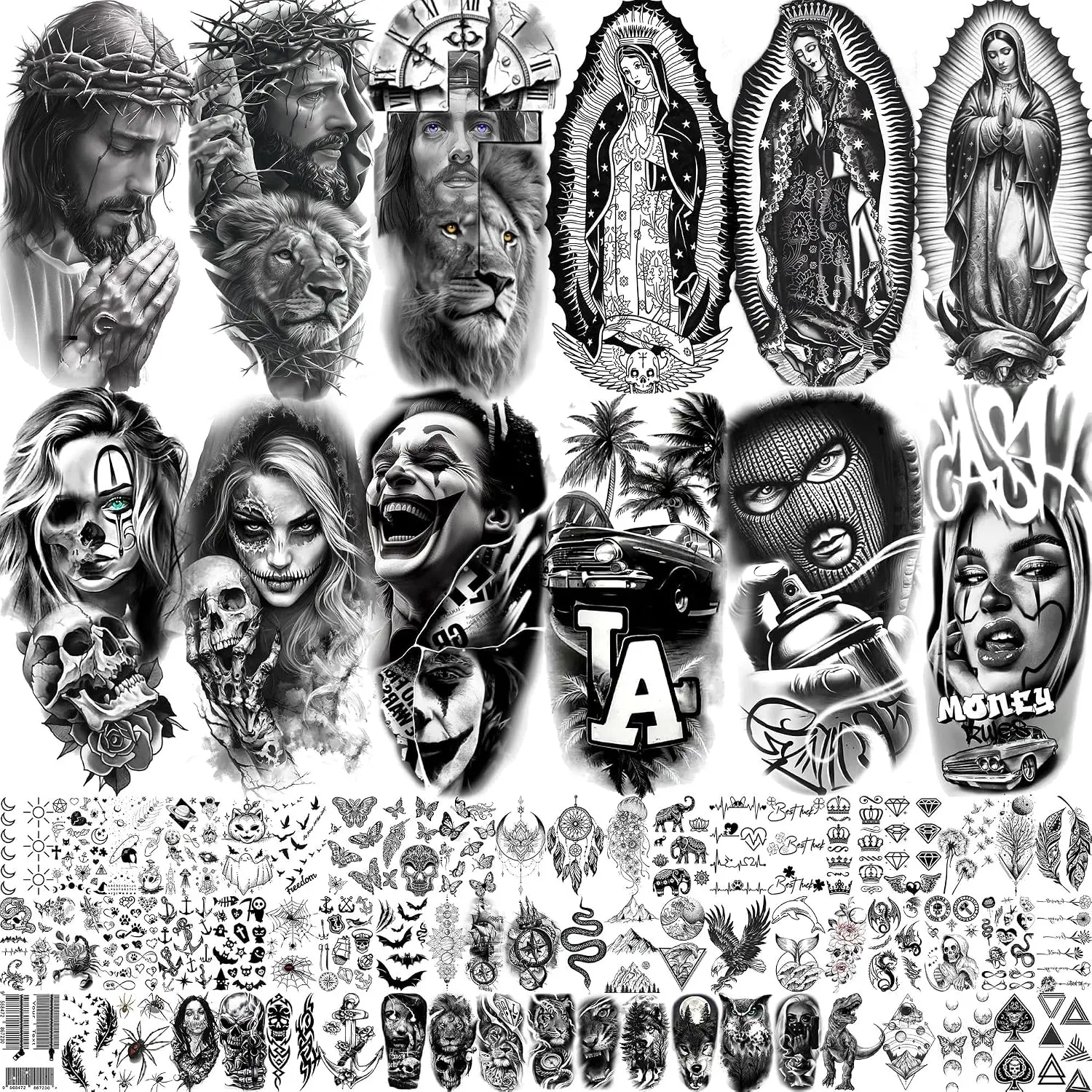 74 Sheets Chicano Jesus Christ God Temporary Tattoos For Men Women Adults Arm Cholo, Guadalupe Half Arm Sleeve Fake Tattoo Sticker Mexico West Coast Culture, Temp Chicana Prison Halloween Tattoo Chola