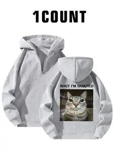 Men's Cat & Letter Print Loose Hoodie, Casual Comfy Long Sleeve Pullover Hooded Sweatshirt for Fall & Winter, Men's Clothes for Daily Wear, Graphic Hoodies