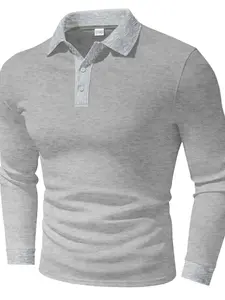 Men's Solid Long Sleeve Polo Shirt, Regular Fit Casual Waffle Knit Collared Top for Spring & Fall, Fashion Men's Clothes for Daily Wear